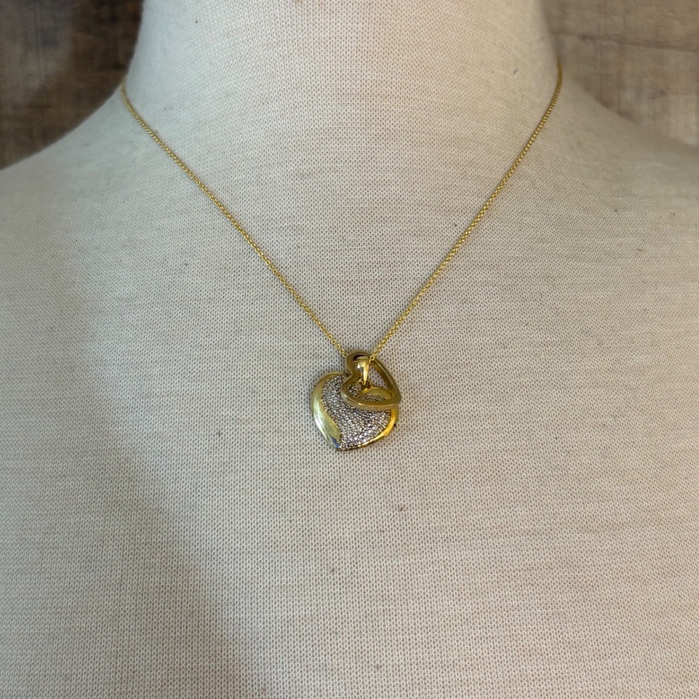 Gold Tone Double Heart Pendant Necklace Pave Crystal Accents 18 Inch Chain